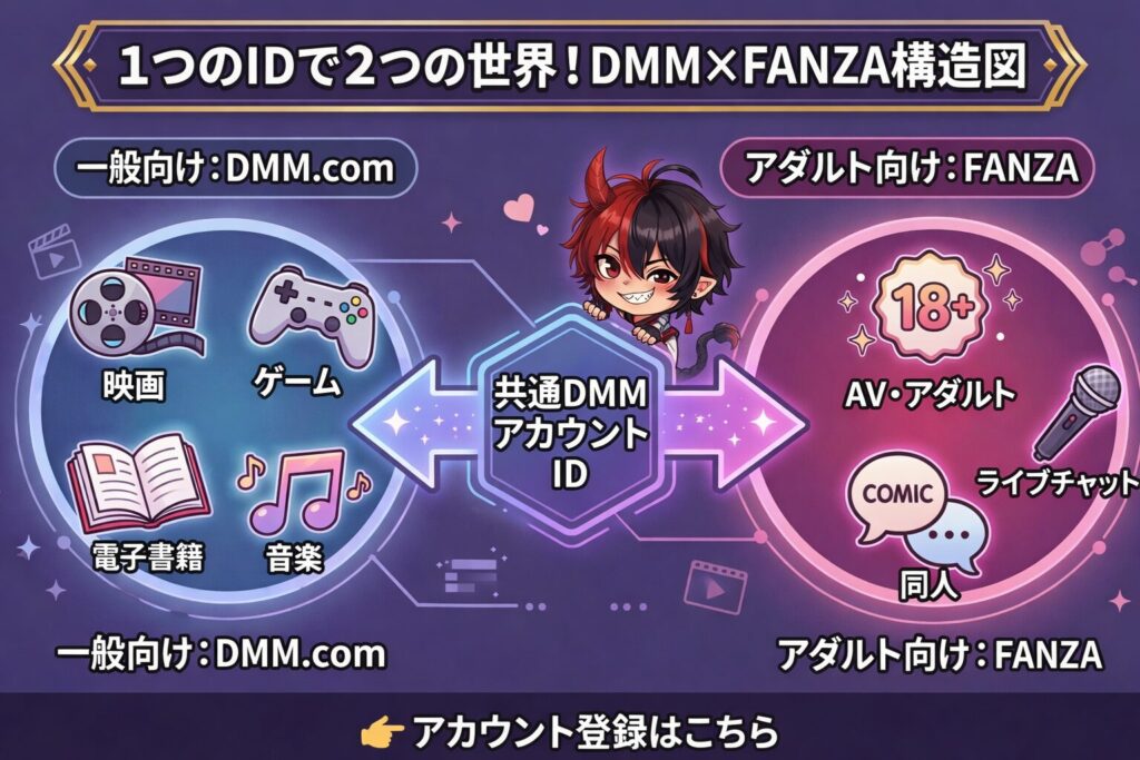 1つのIDで2つの世界！DMM×FANZA構造図